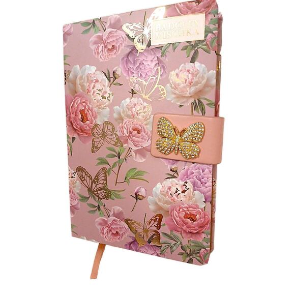 Badgley Mischka JEWELED Journal Notebook PINK ROSES & Butterfly Cottage Lined - Picture 1 of 16